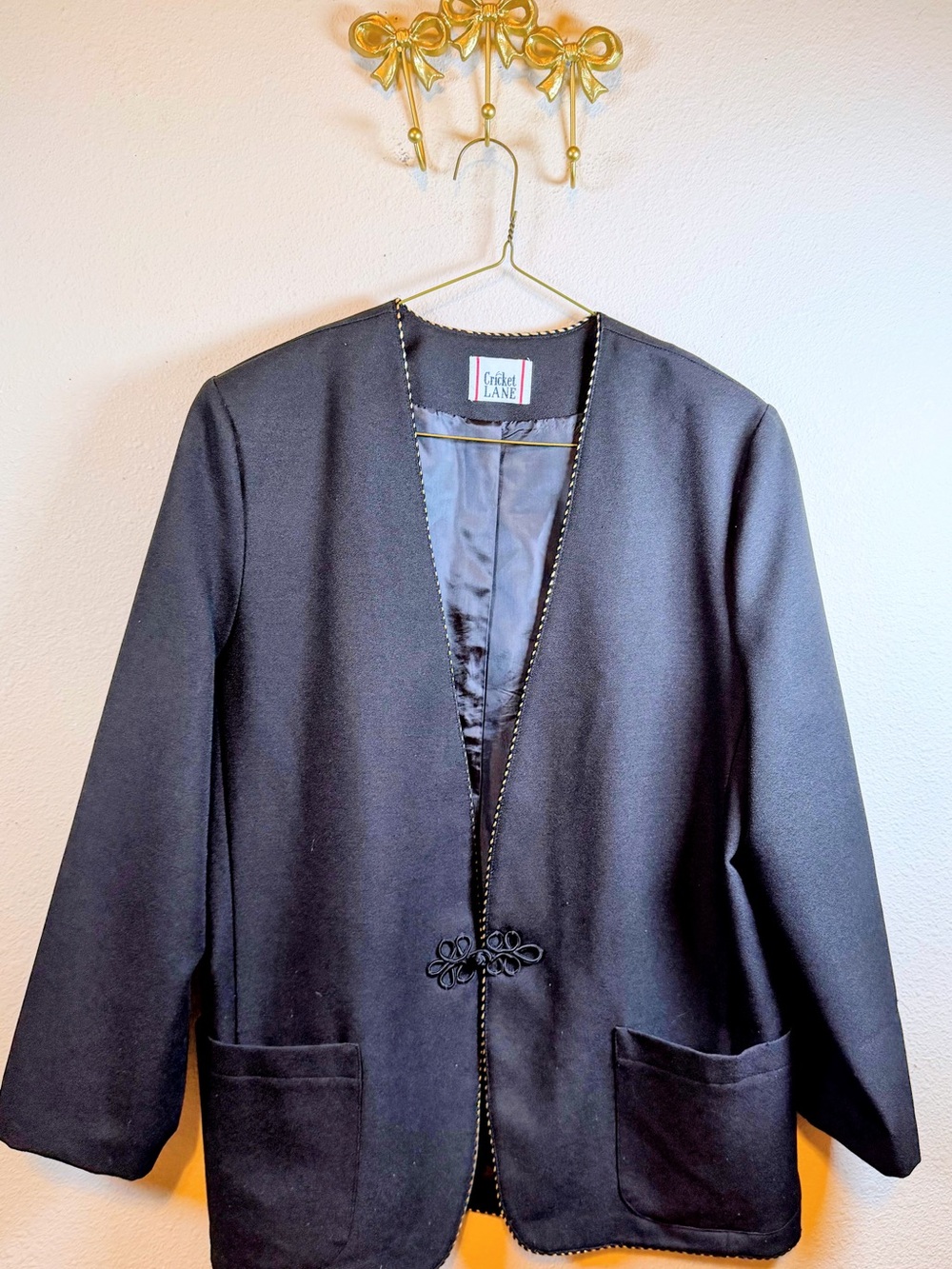 Cricket Lane Black Blazer with Frog front closure. Gold & Black Trim. Size 14